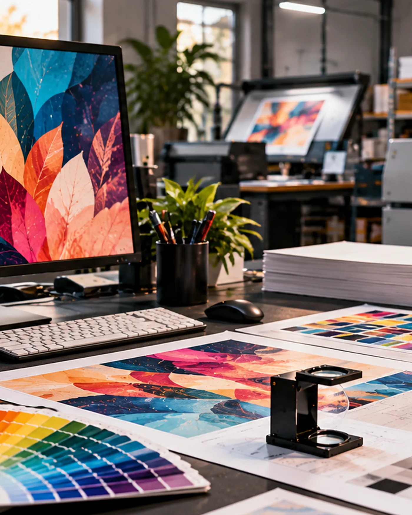 Print studio with finished printed pieces laid out and ready for dispatch