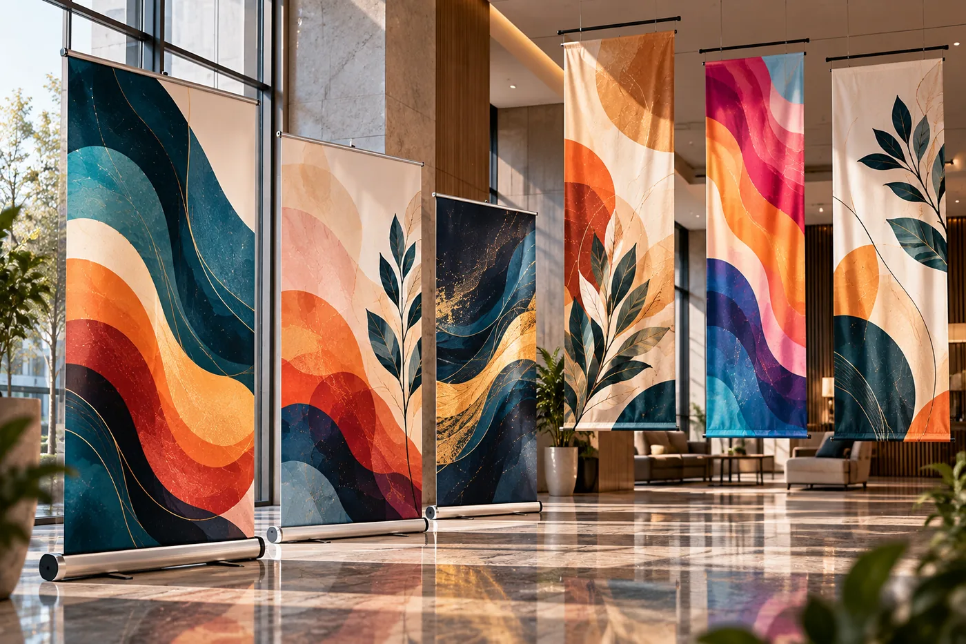 Large-format art banners installed in a contemporary lobby