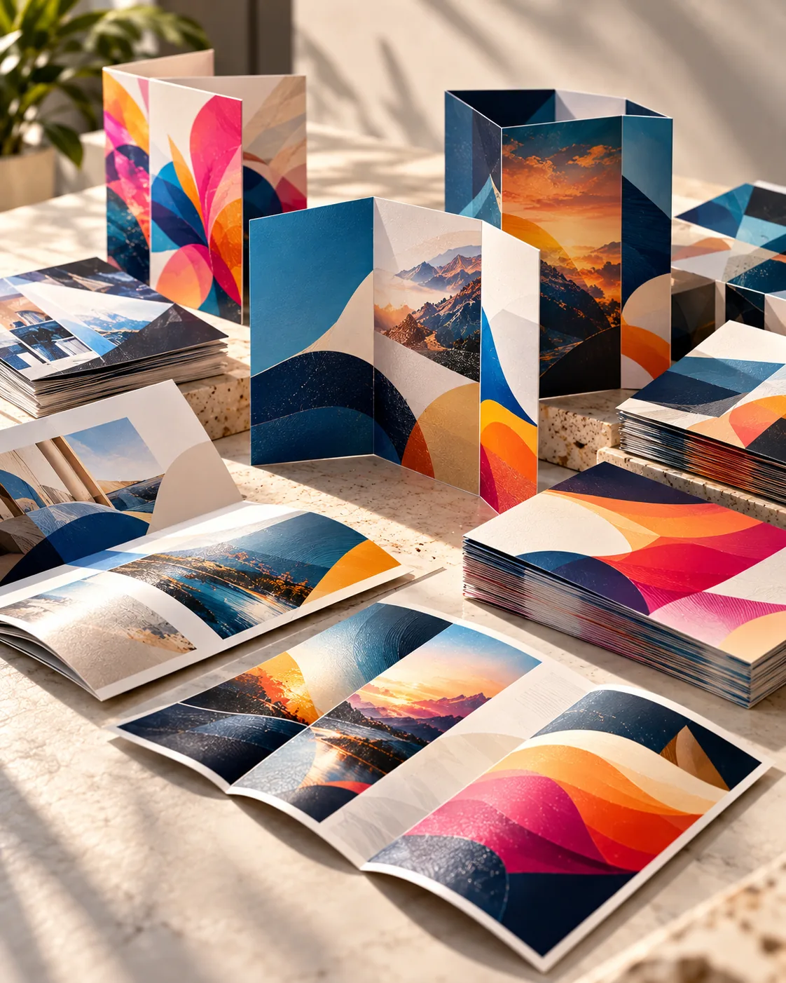 Collection of tri-fold and bi-fold brochures with abstract editorial colour blocking