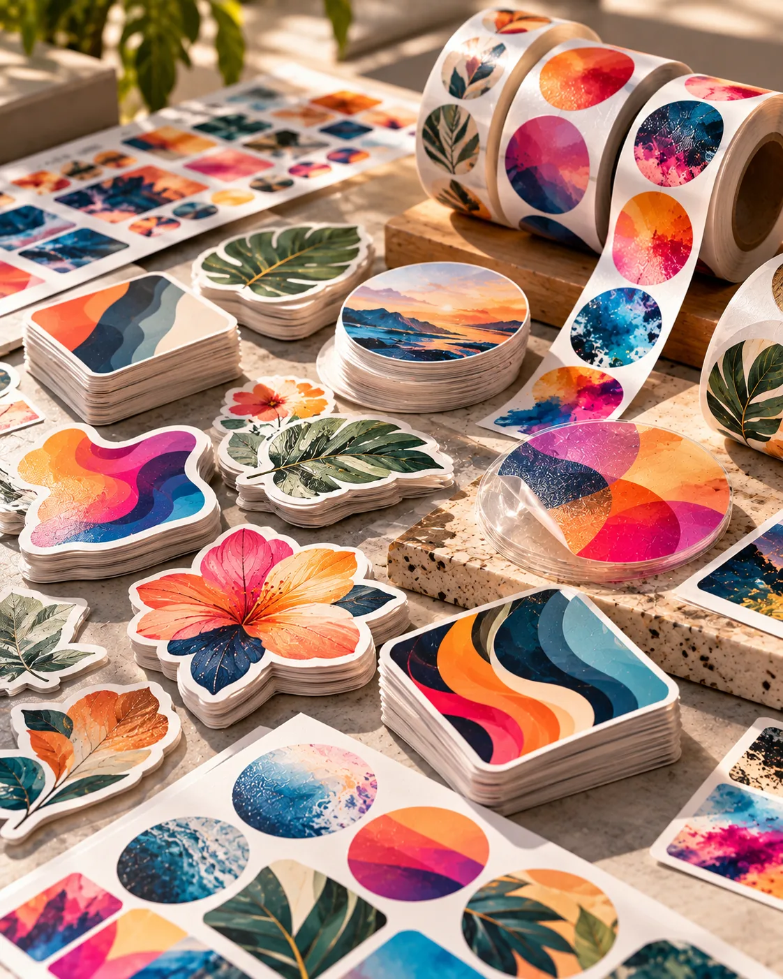 Die-cut vinyl stickers in circles and organic shapes scattered across a work surface