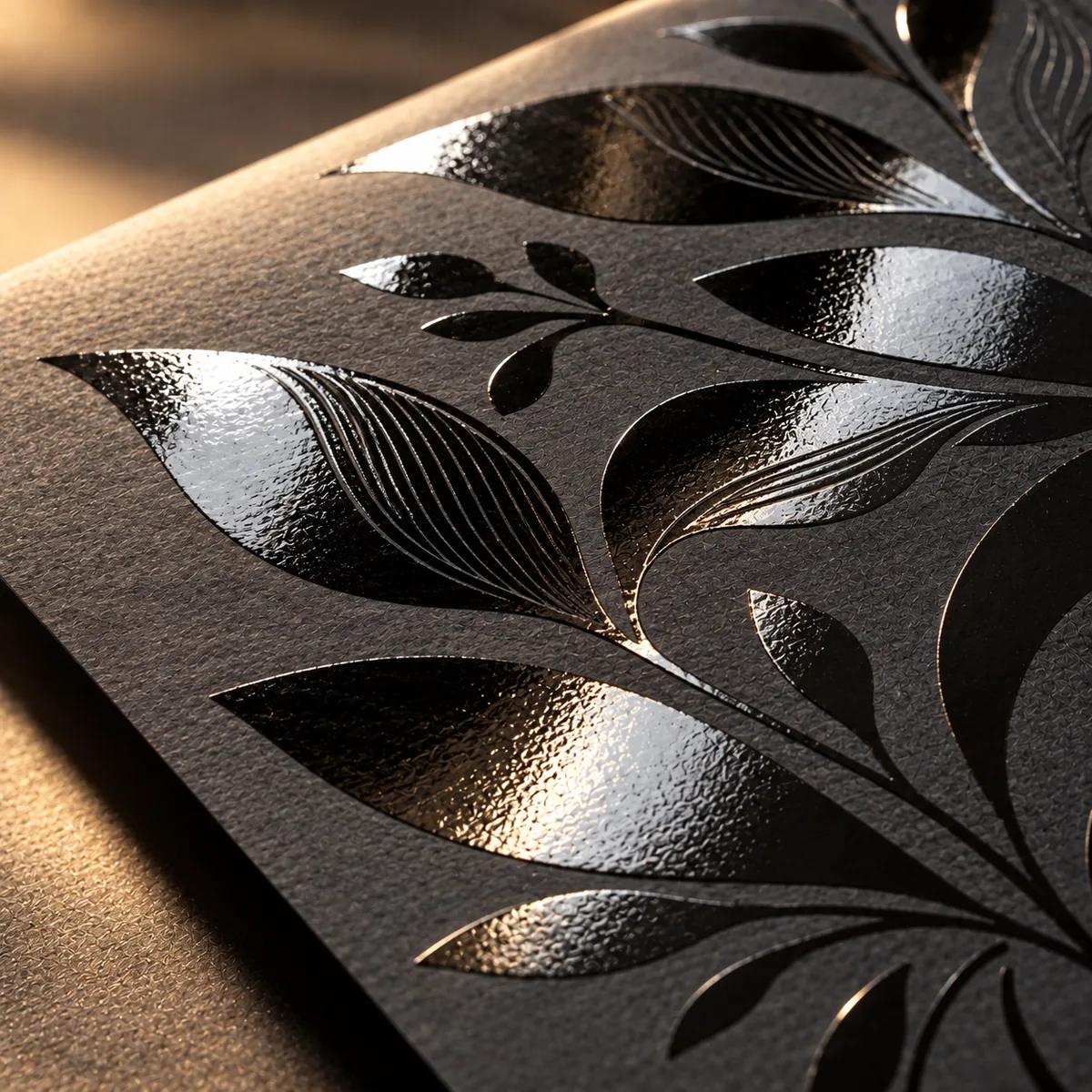 Selective gloss coating over a dark matte printed surface