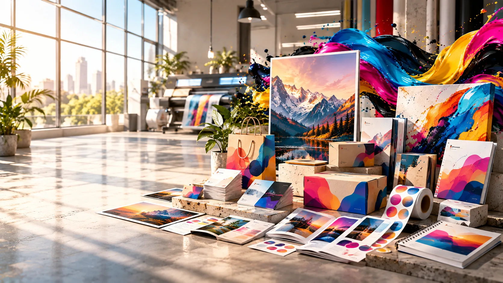 Daylit print studio with a curated spread of finished printed products across a production table