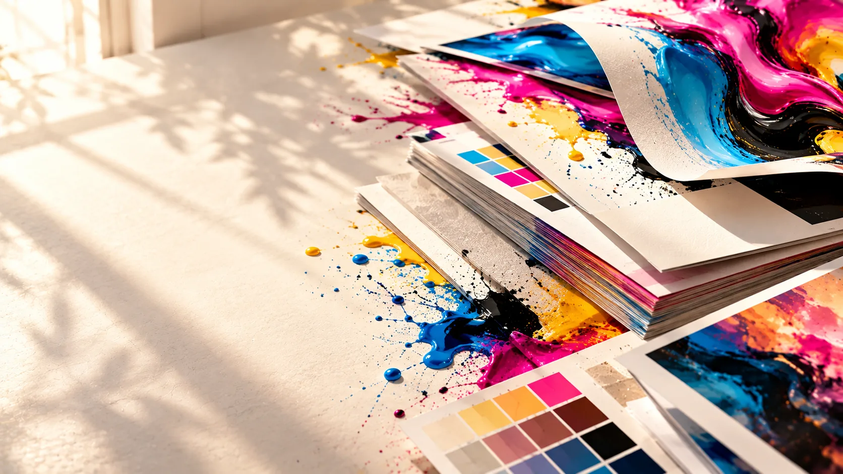 Still life of printed pieces arranged across a studio production table