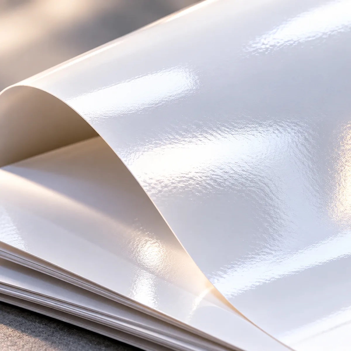 Macro of glossy coated paper reflecting studio light