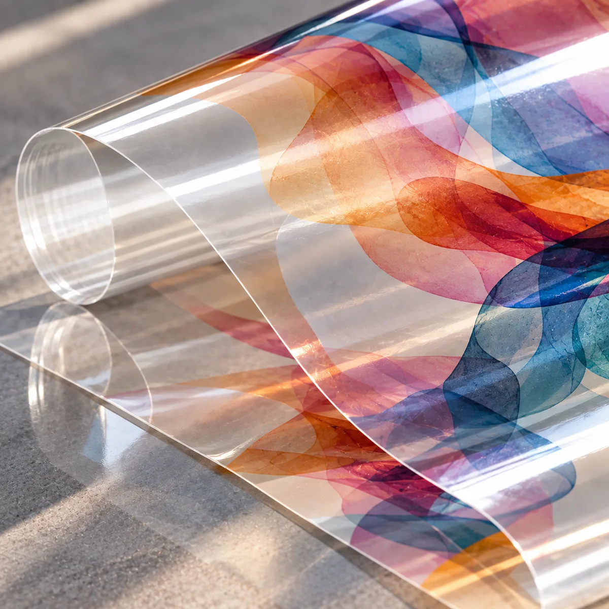 Macro of transparent printed film over a neutral surface