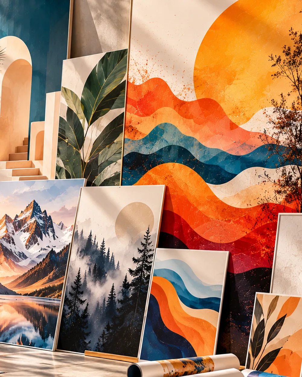 A3 art posters with abstract artwork leaning against a studio wall