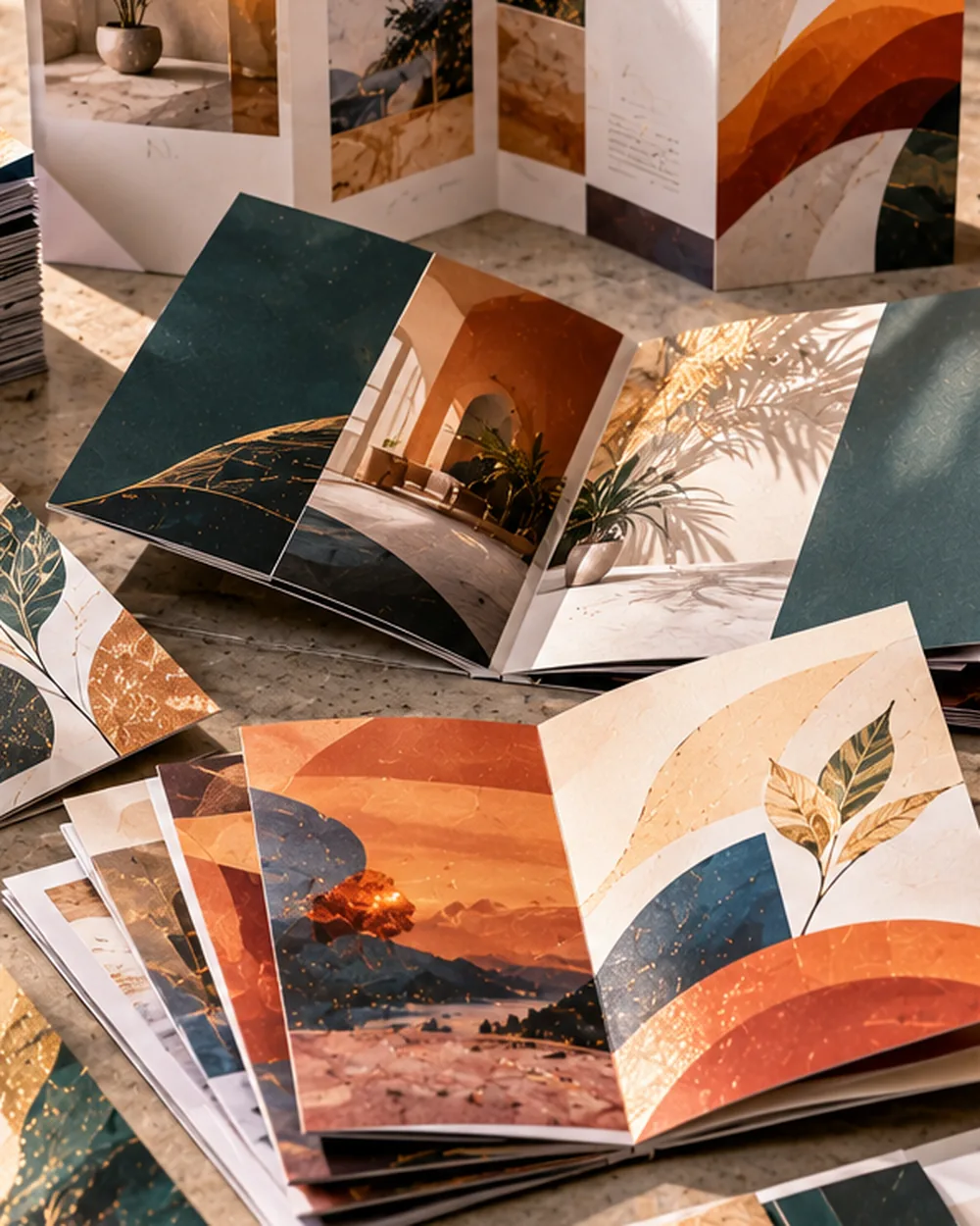 A4 flyers laid flat with abstract colour blocking