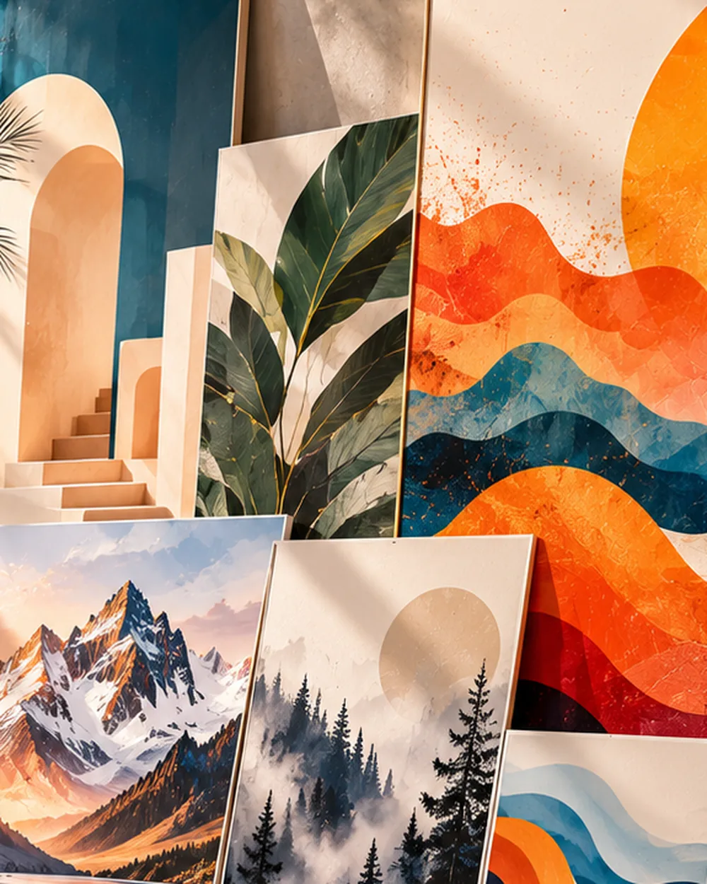 A4 art posters with abstract artwork in a daylight gallery