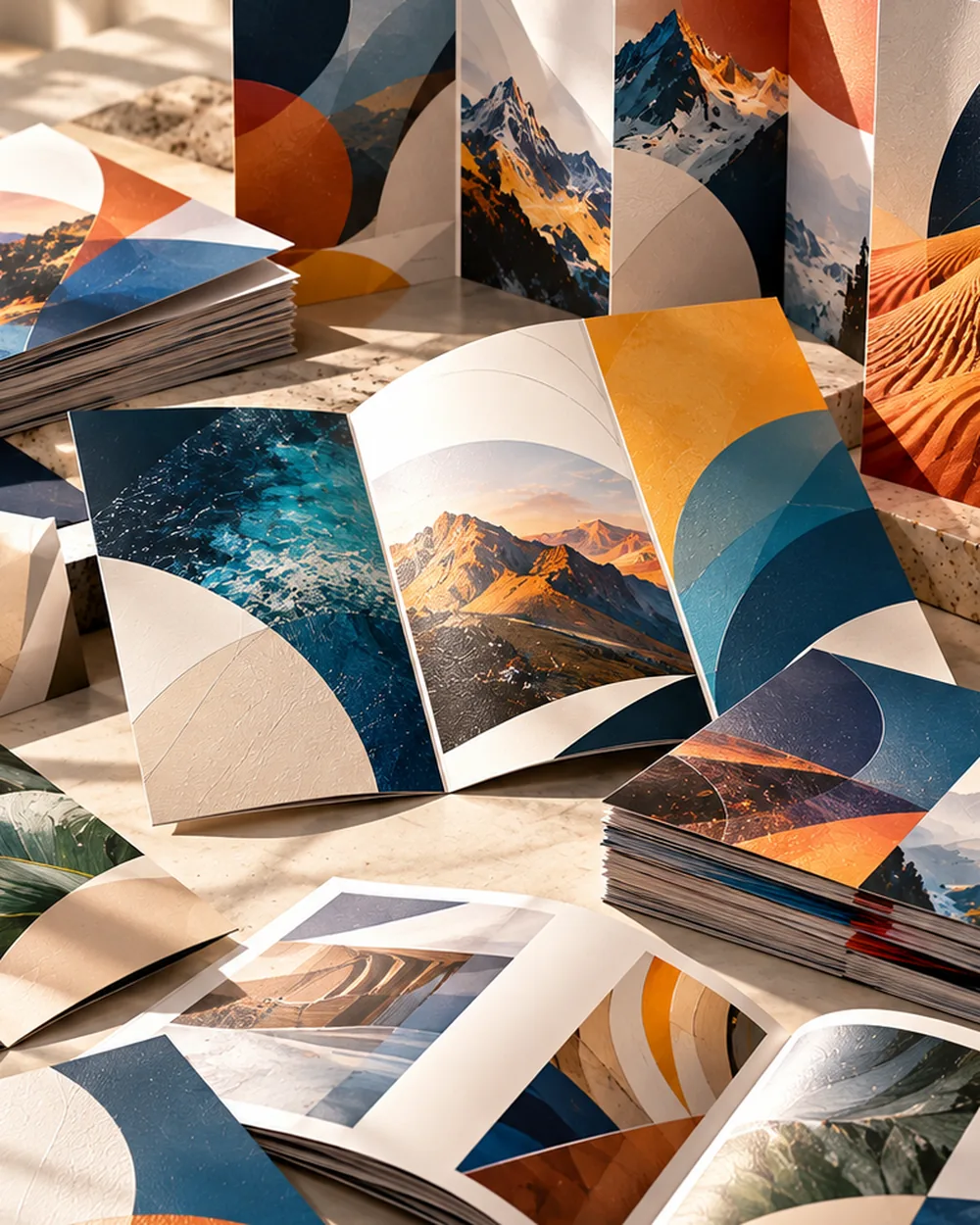 Bi-fold brochures partially opened on a studio surface