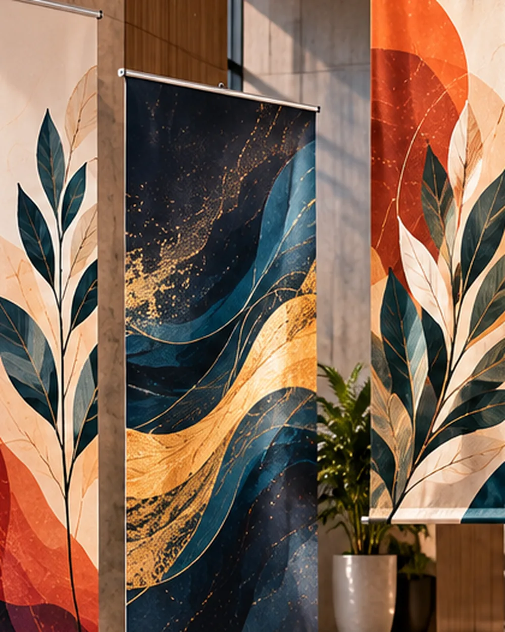 Roll-up display stand with vibrant printed artwork