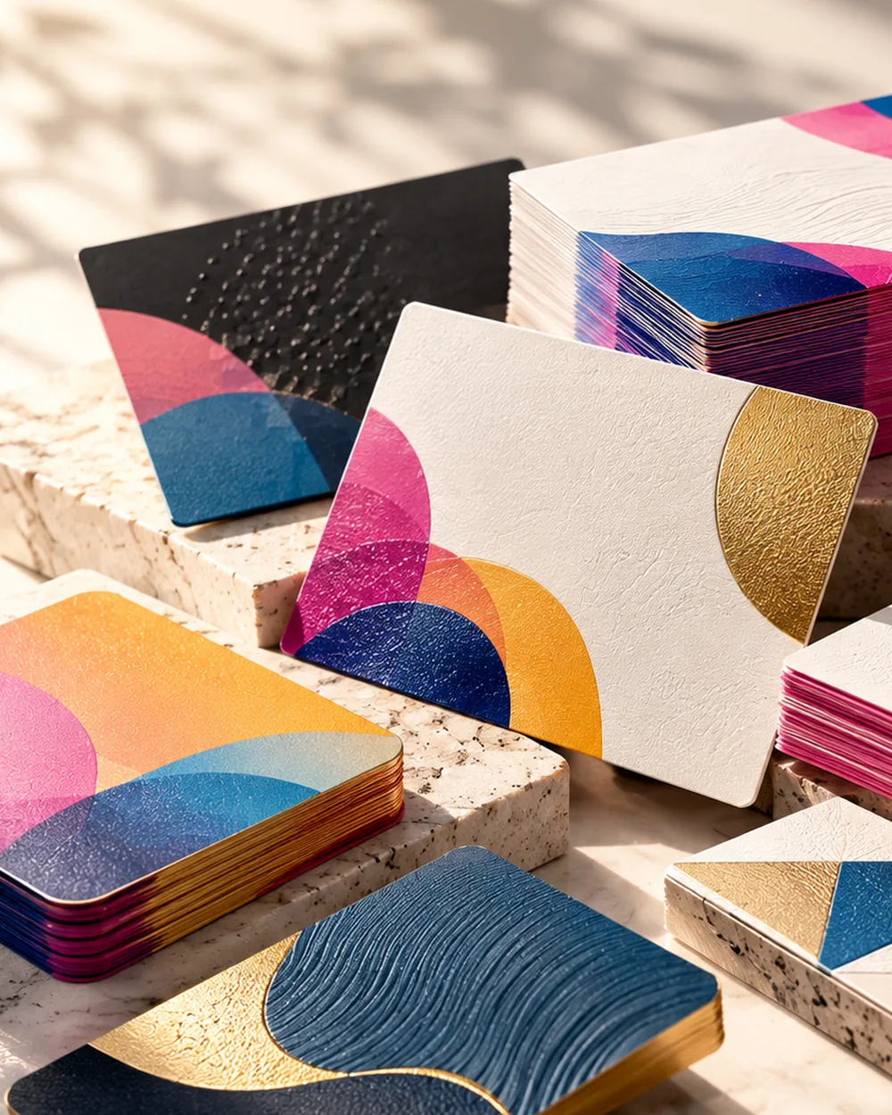 Standard business cards with abstract geometric artwork on coated stock