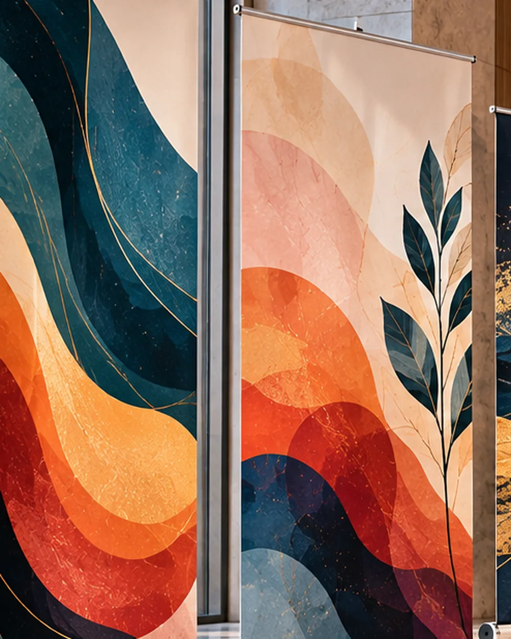 Rigid display board with printed artwork in a modern interior