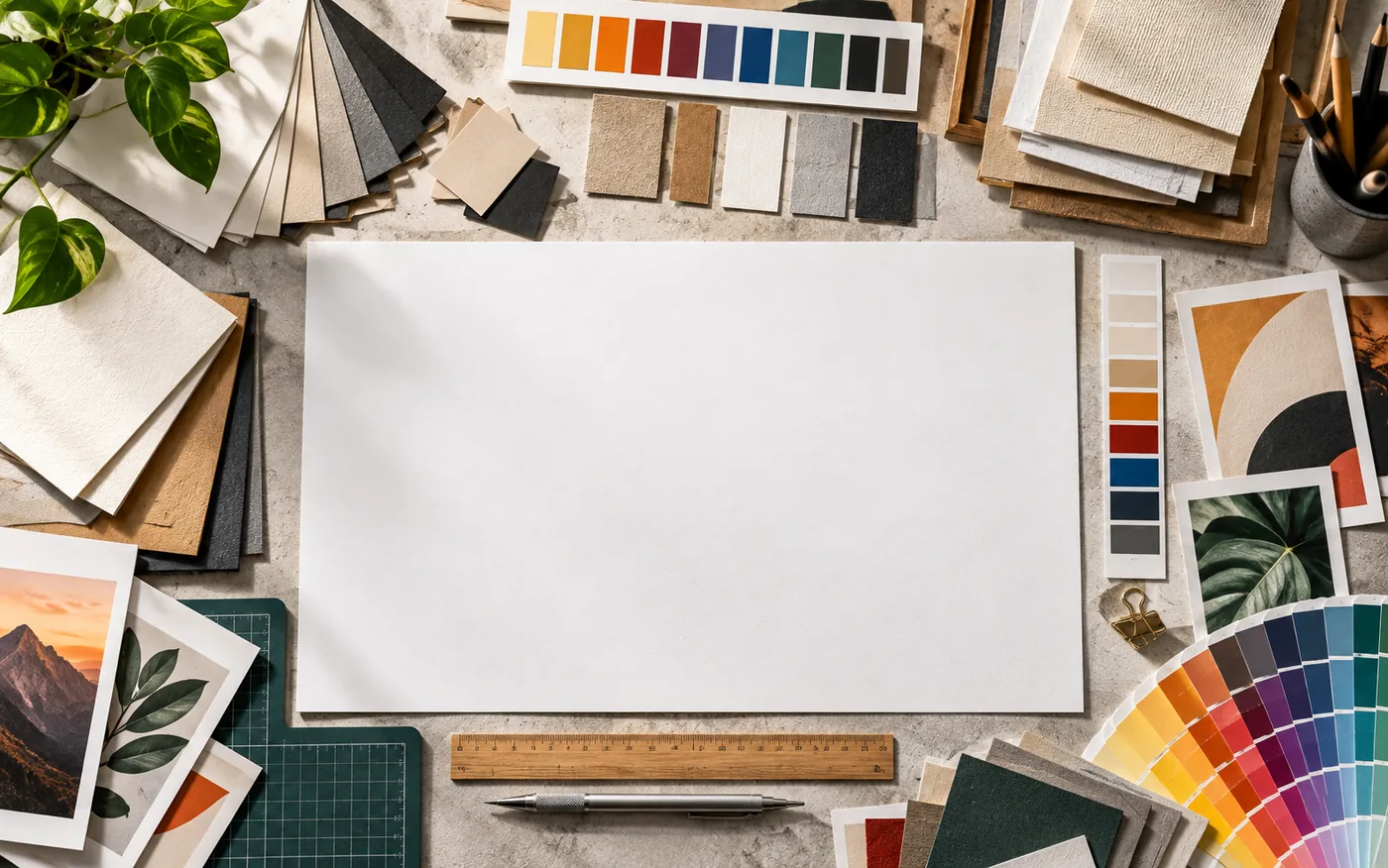 Creative workspace laid out with paper samples, swatches and design tools