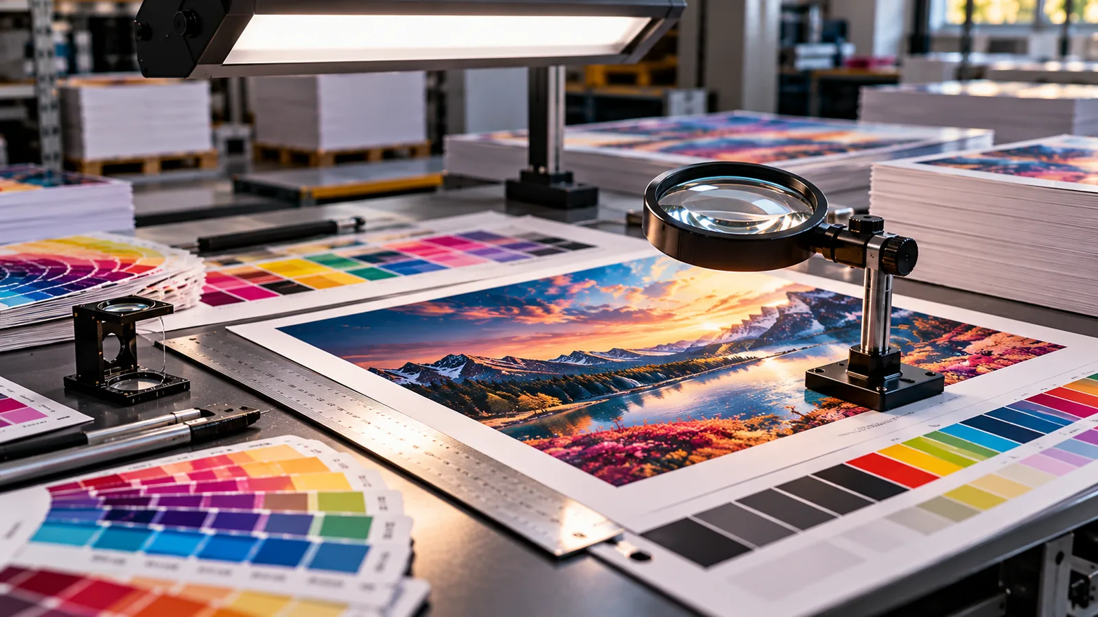 Quality control station inspecting printed sheets under controlled light